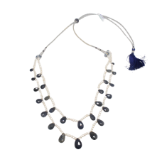 Necklace Beaded 2 Line Strand Blue Sapphire Precious Stone Freshwater Pearl E189